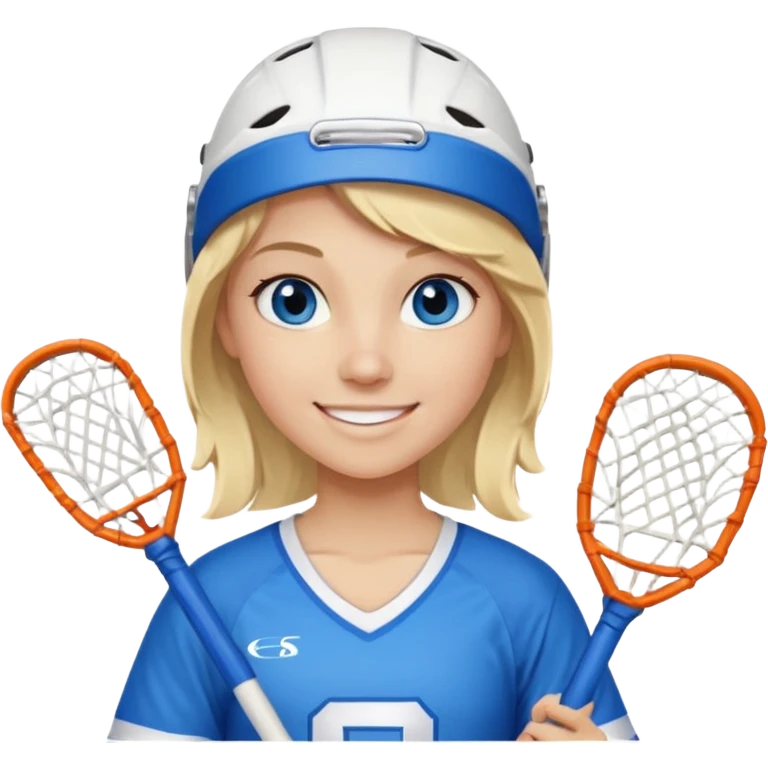 Blonde white with blue eyes lacrosse player holding one lacrosse stick wearing blue and white gear  emoji
