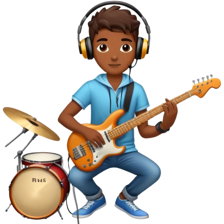 Icon for R&B Music Listening: large concert speakers and headphones with waves of musical notes coming out, along with drums, bass guitar and saxophone. The icon should convey the energetic and rhythmic vibe of R&B music. Transparent background emoji
