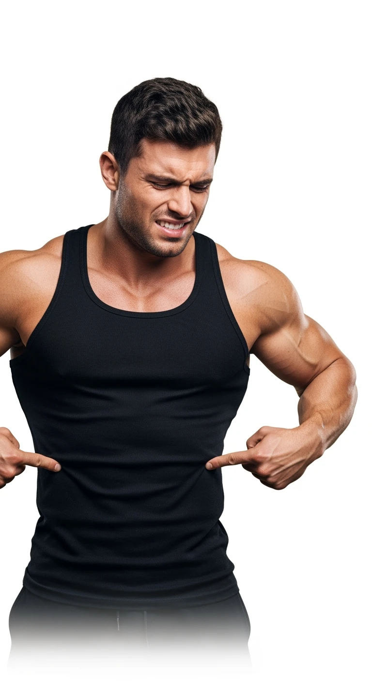 BODYBUILDER CHE SI INDICA I FIANCHI CON ESPRESSIONE AFFLITTA, ISOLATO SU SFONDO BIANCO, IPERREALISTICI 4K emoji