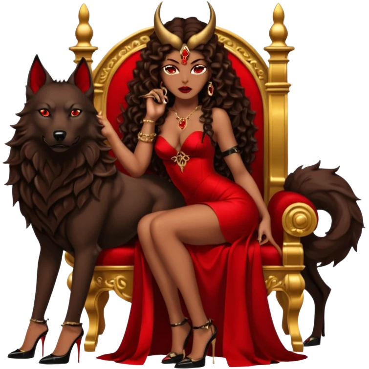 Lilith symbol seductress evil brown curly long hair haired, sexy succubus woman with red and black Chanel dress on. Amred and black stiletto platform high heel shoes on. sitting on a Black and gold throne. A large black wolf laying beside her emoji