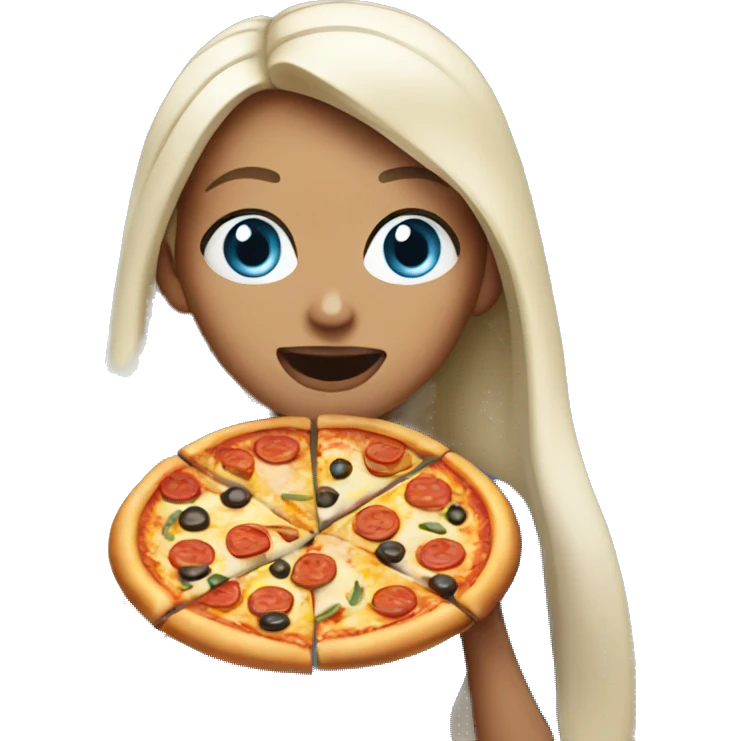 Woman with long black hair and blue eyes eating pizza  emoji