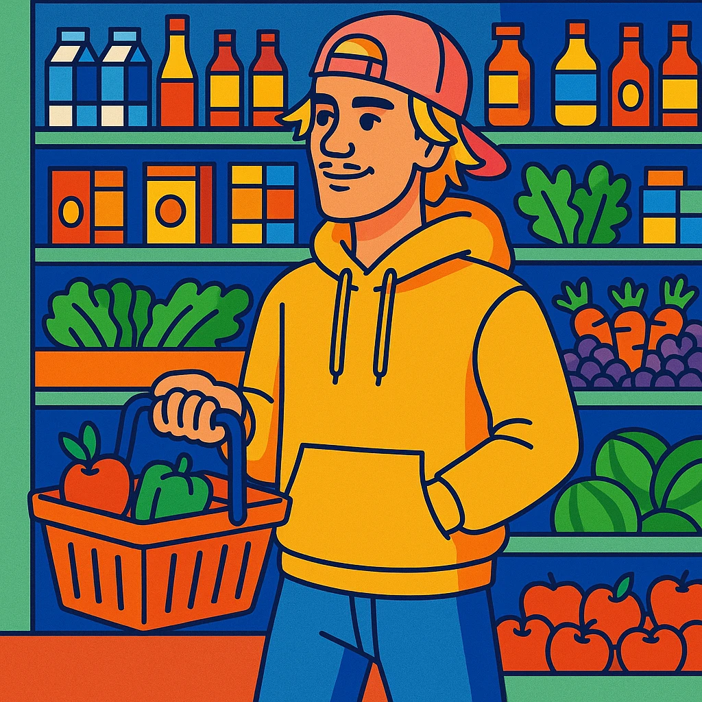 Justin Bieber at a grocery store, holding a shopping basket, vibrant toon style emoji