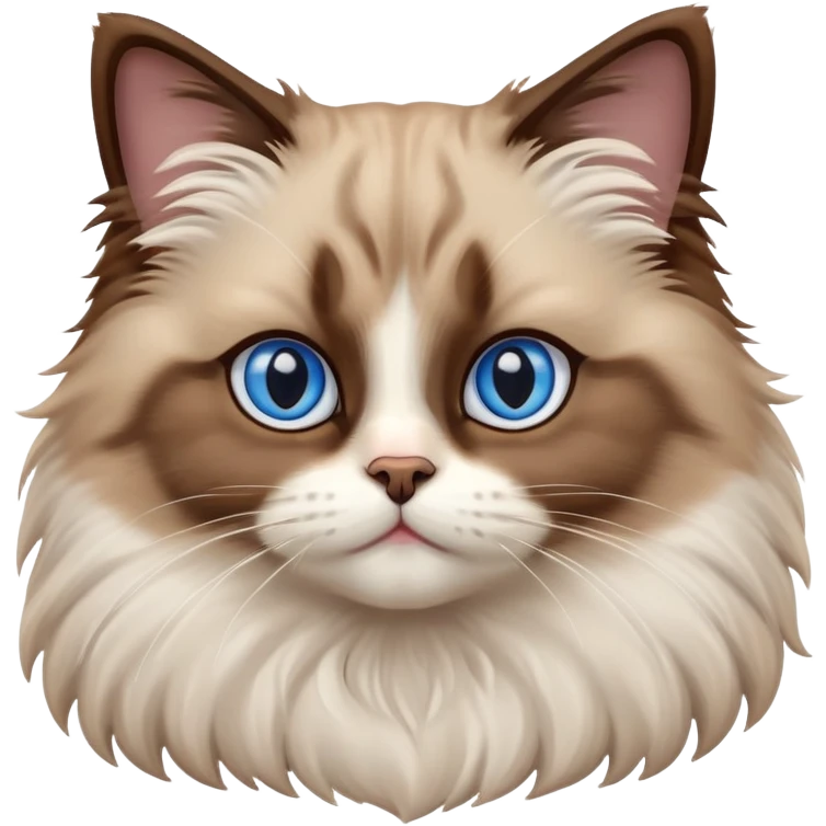 cinematic-adorable-big-eyed-fluffy-brown ragdoll-cat-portrait-emoji,-head-tilted-playfully-with-a-sweet-expression,-fluffy-white and brown-fur,-simplified-yet-irresistibly-cute-features-with-large,-expression, blue eyed ragdoll cat emoji