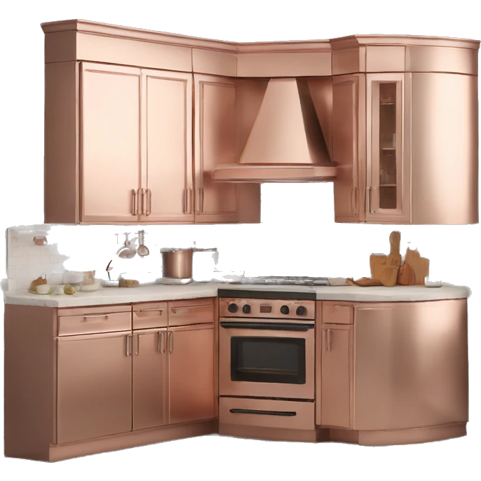 Realistic rose gold corner kitchen with cabinets.  emoji