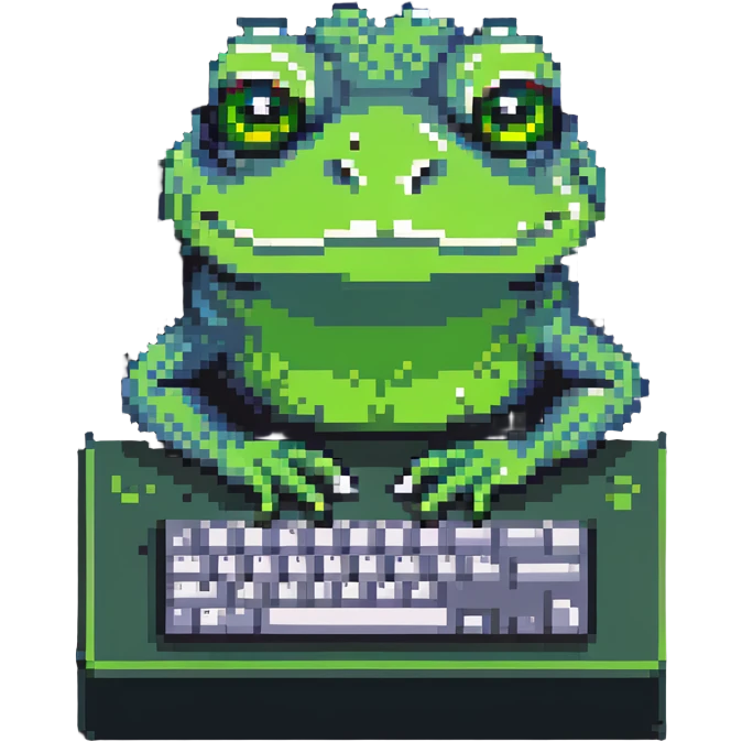 Pepe the frog meme character coding on computer, green frog with sad eyes typing on keyboard emoji