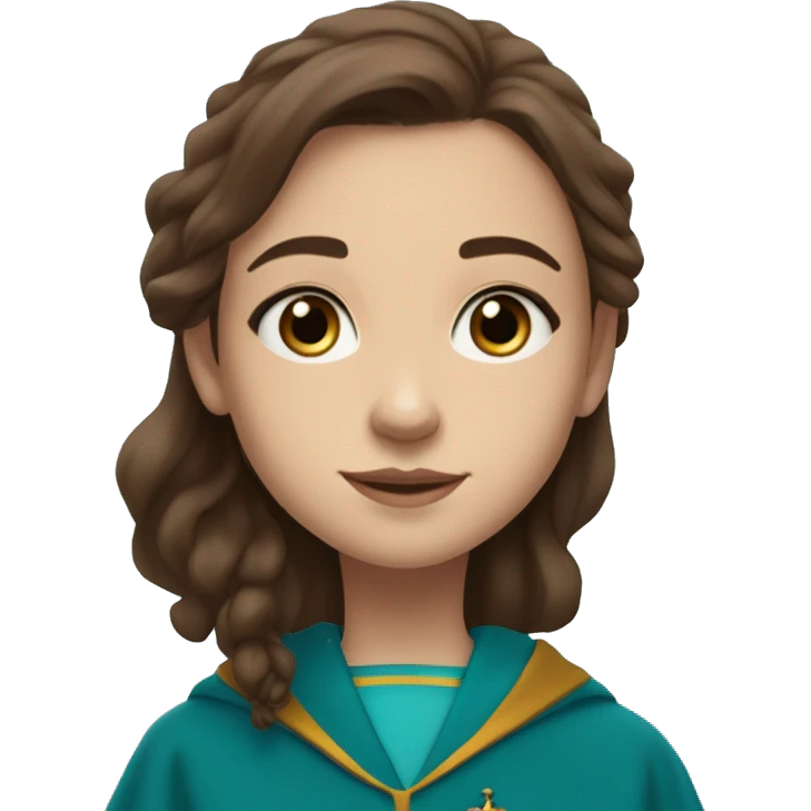 12 year old girl with brown hair past her shoulders and aqua blue at the tips with blueish grayish eyes wearing a gryffindor robe emoji