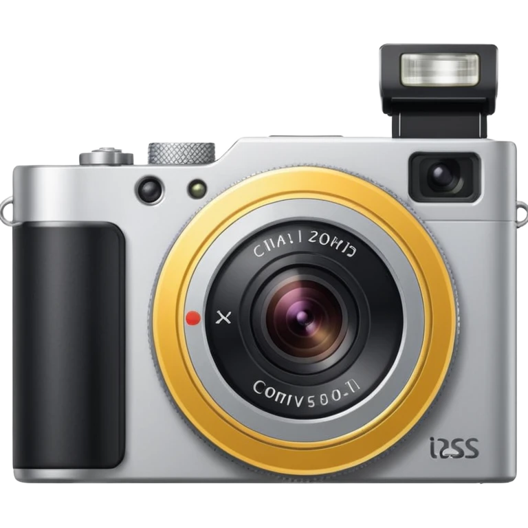 compact silver digital camera with a circular extended lens, metallic finish, small built-in flash and minimal buttons. emoji