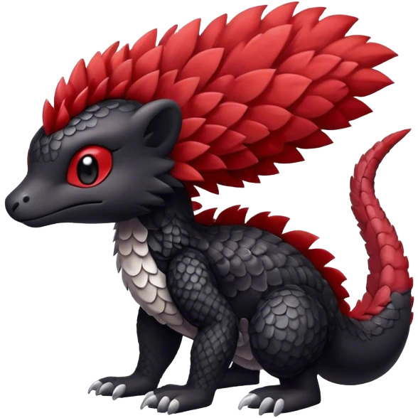 Cute cool black red animal hybrid Fakemon full body, detailed, fluffy, scaly, edgy emoji