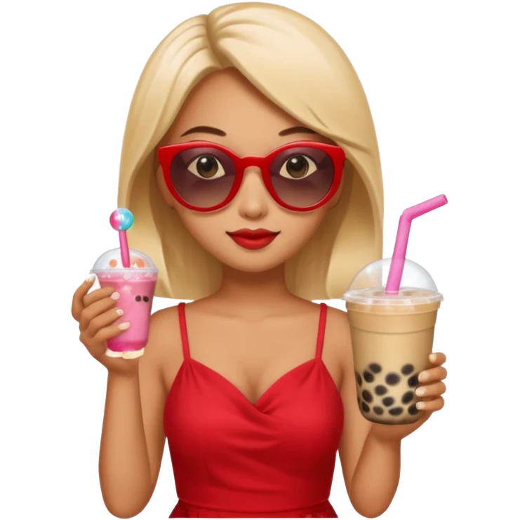 Female in red dress, holding bubble tea, wearing sunglasses emoji
