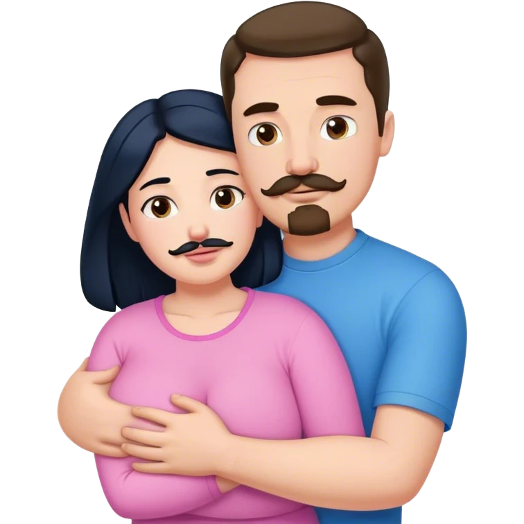Tall strong white man with brown mustache goatee wearing blue hugging a chubby short pale woman with long black hair wearing pink emoji