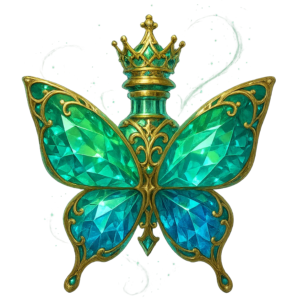 very close to original: crystal butterfly-shaped bottle with short neck and princess crown, green and blue colors, more facets, glowing, ornaments, decorations, golden details, magical effects, premium class, transparent background, bottle clearly flying in air, no base or shadow emoji