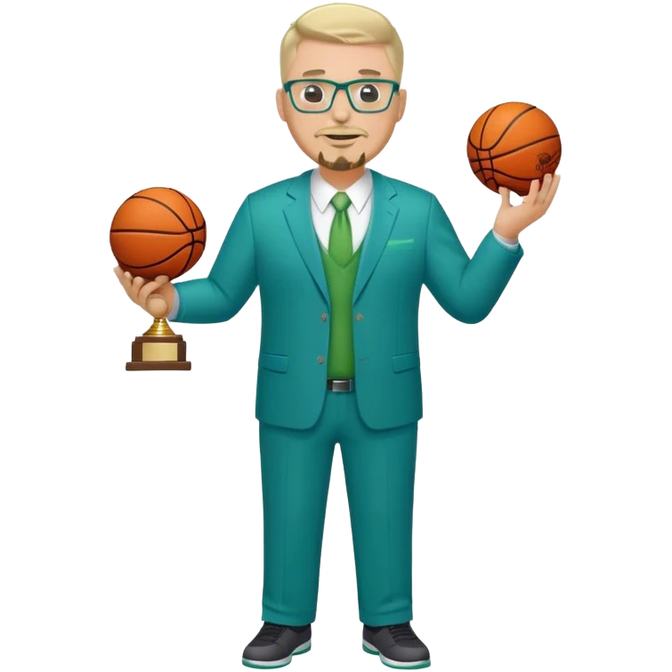 Full Body white male plus size wearing glasses with a goatee with light blonde and gray very short hair happy basketball head Coach in blue and green suit holding trophy emoji