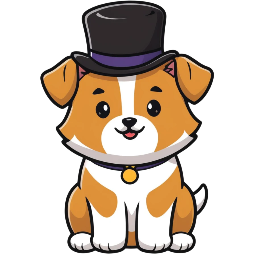 cute small tan and white dog with black nose, black round eyes, curly fluffy medium length hair, wearing a top hat emoji