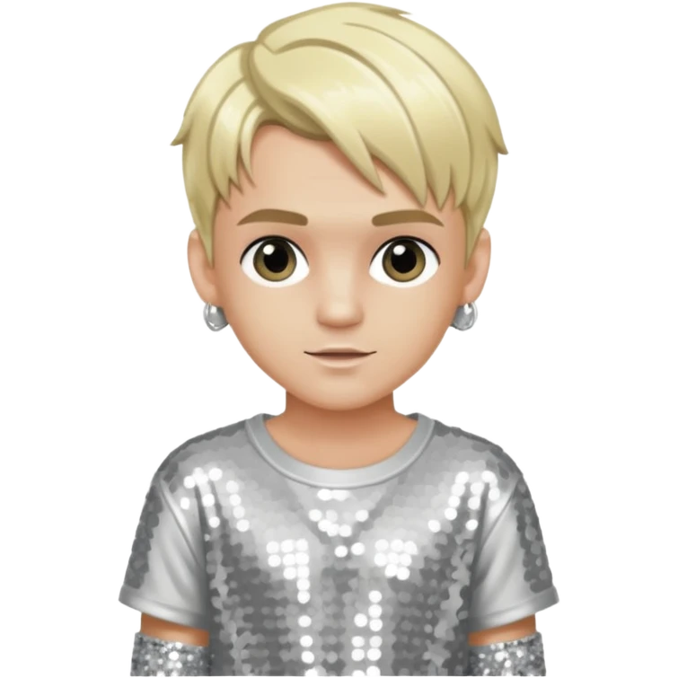 Aaron Carter with blonde hair, silver sequin crop top, silver sequin baggy pants emoji