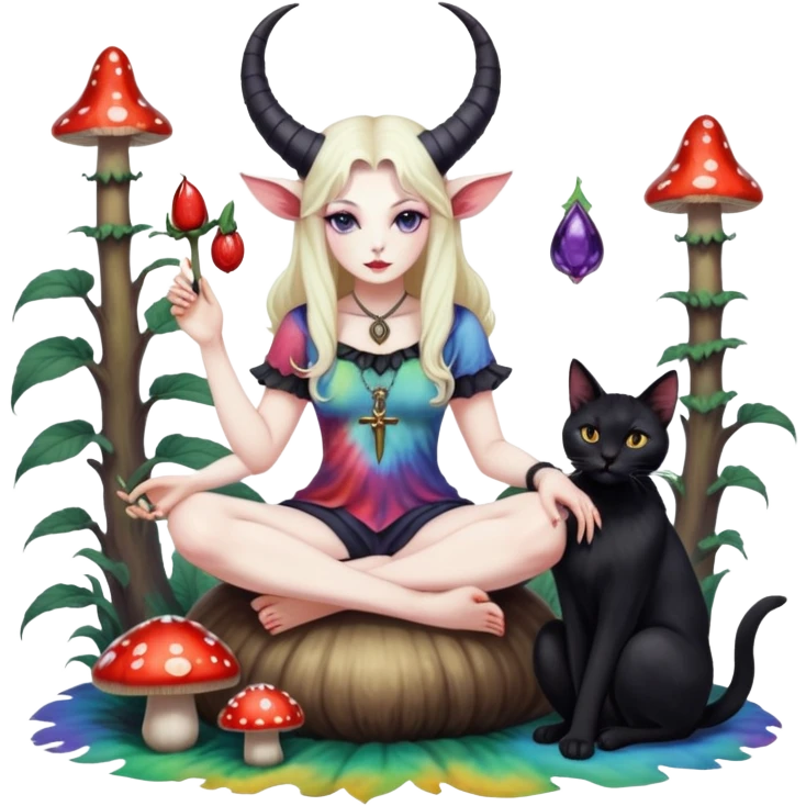 Feminine Baphomet sitting on a tiedye mushroom petting a cat emoji