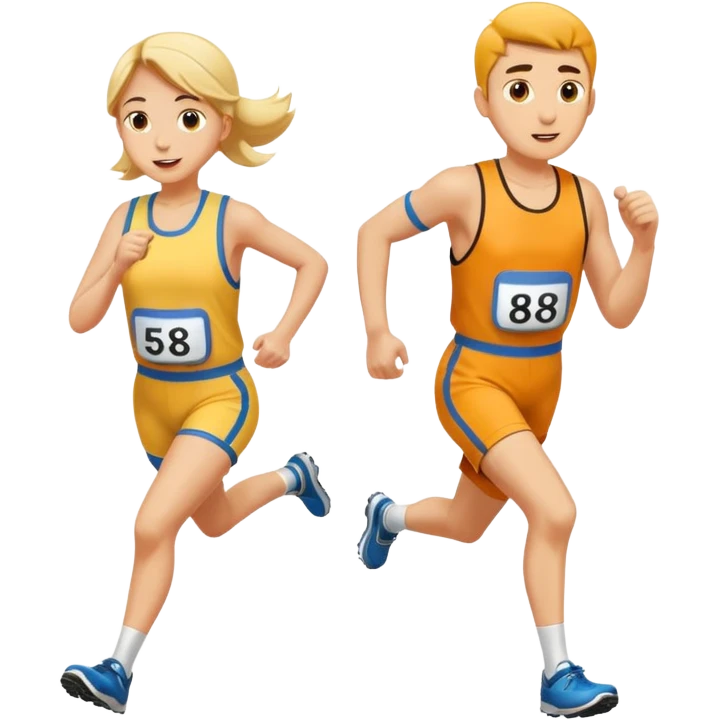A man and a woman competing in a footrace, wearing bib numbers emoji