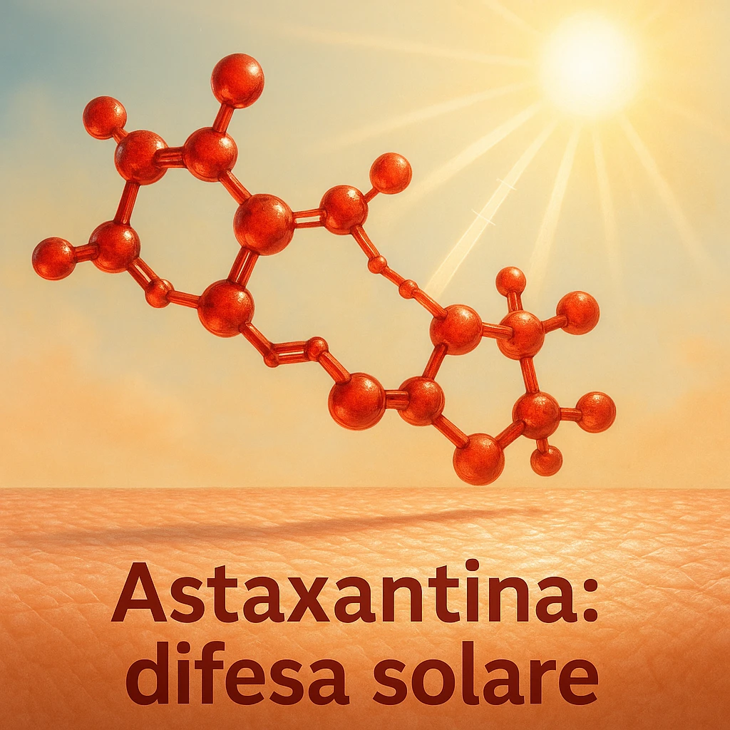 hyper realistic red astaxanthin molecule protecting skin from sun damage, red molecule above skin with UV rays, positive atmosphere, realistic details, text 'Astaxantina: difesa solare' emoji