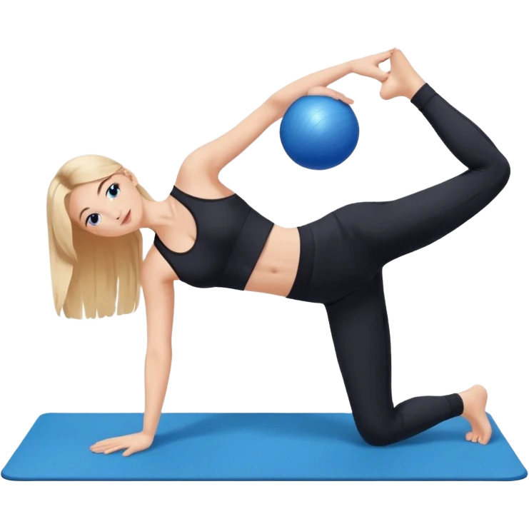 generate a pretty woman in black gym clothes doing pilates on a blue mat with a small blue ball emoji