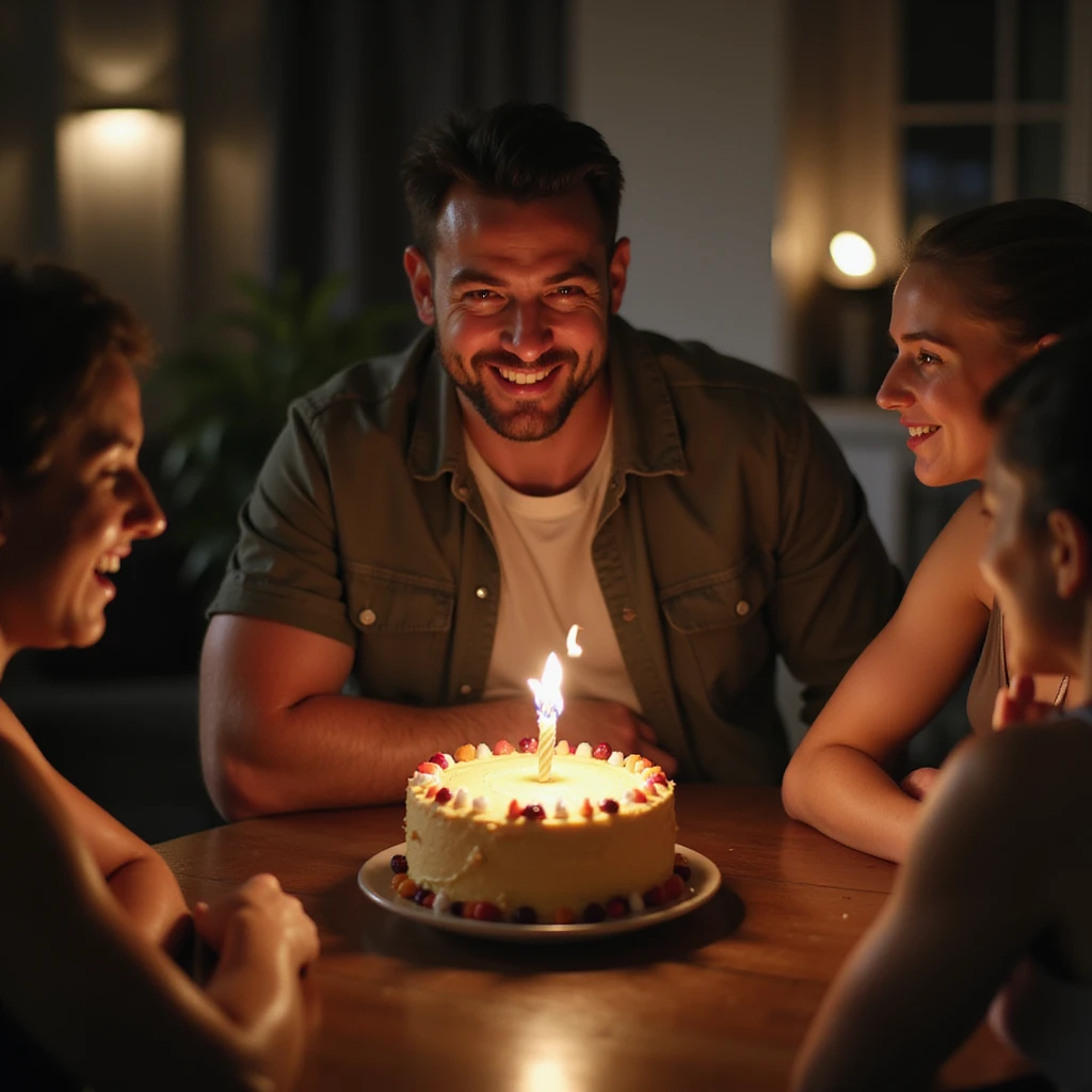 4K detailed birthday party scene of a man blowing out candles receiving a gift of gym clothes or a gym membership, friends joking about slow metabolism, cheerful atmosphere emoji