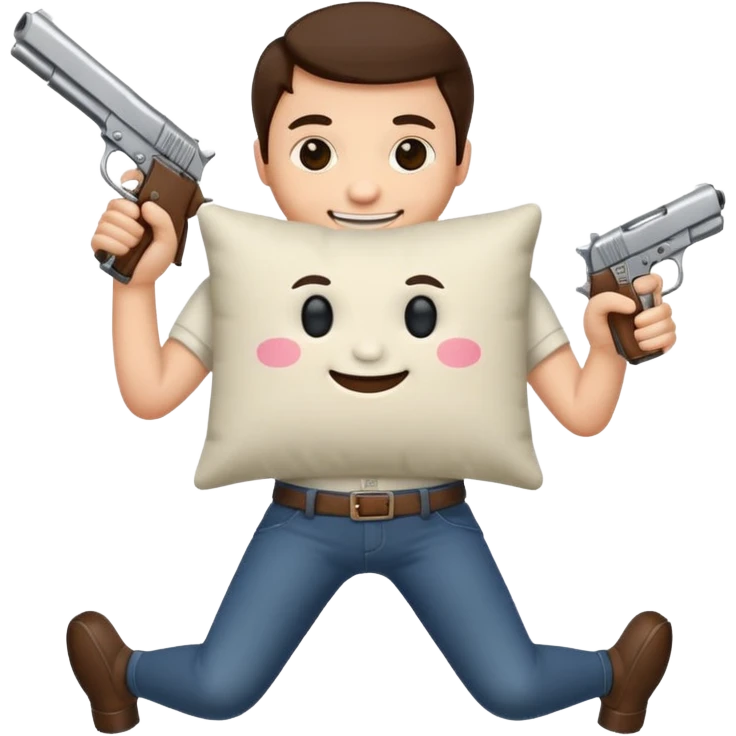Pillow with a face and a pistol in each hand with arms and legs emoji