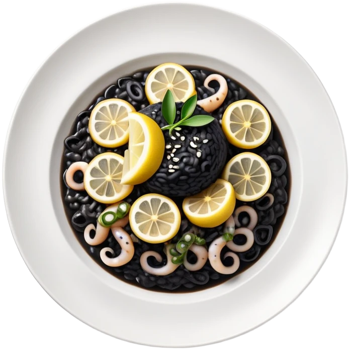 cinematic-realistic-black-risotto-dish,-showcasing-small squid pieces-rendered-with-bold-textures-and-dynamic,-dramatic-lighting in a white plate with a grilled lemon on top emoji
