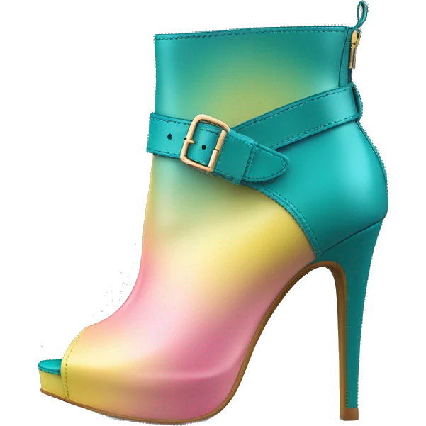 Realistic isolated top view of a pair of dark turquoise paste yellow and light pink ombre peep toe high heel ankle bootie boots.  emoji