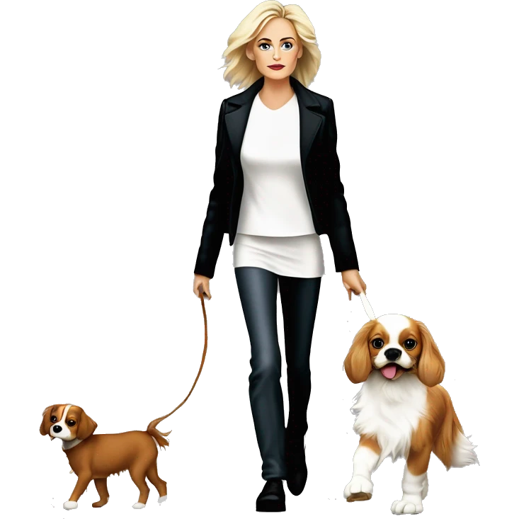 Young sharon stone in basic instinct walking with cavalier King Charles spaniel  emoji