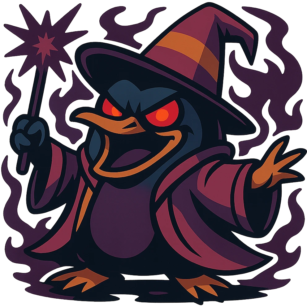 Make the crazy wizard penguin look evil, with a sinister expression, glowing red eyes, and dark magical aura in a vibrant cartoon style. emoji