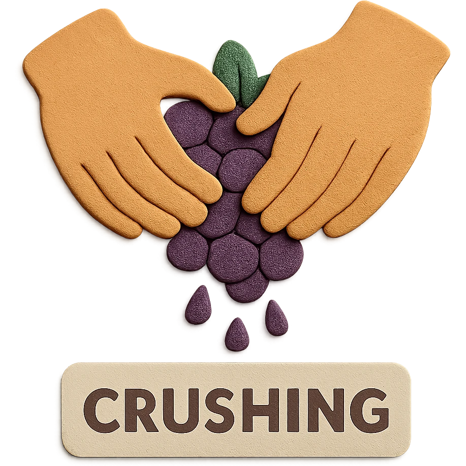 An icon illustrating the 'crushing' step in wine making process, in paper craft style. The image clearly shows hands crushing grapes. Background is transparent as requested. emoji