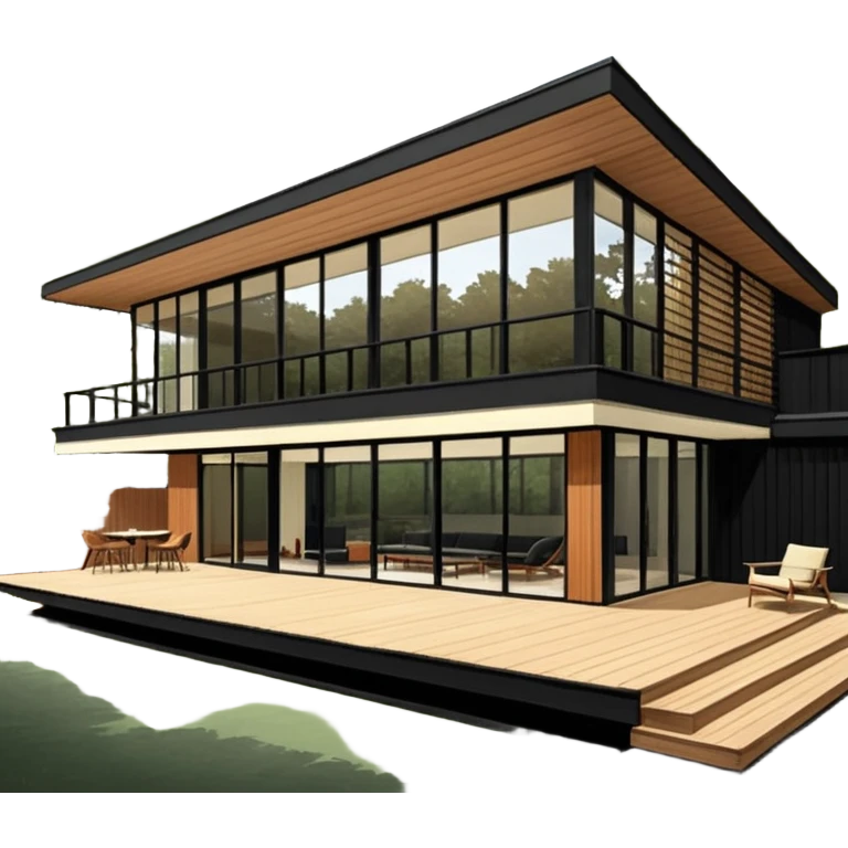 midcentury modern house with 1000 sqft and all windows and a sliding windows on corner. Single story. High ceilings, black and vertical wood slats for outside walls of home. Wood deck with complementary but different wood and shade from larger wood slats. With overhanging shade and slats. emoji