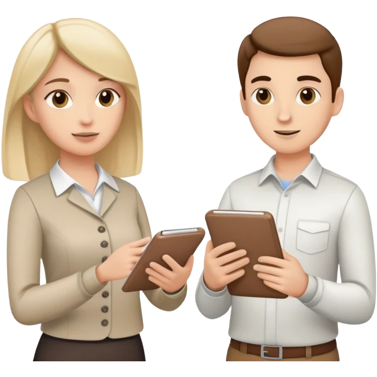 Two team members facing each other, one holding a notepad and the other gesturing, in a collaborative pose emoji