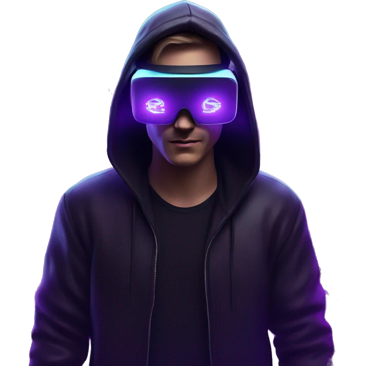 Russian man wearing a black hoodie with "OMG" letters on it and VR headset in a cyberpunk VR environment with violet neon lighting. emoji