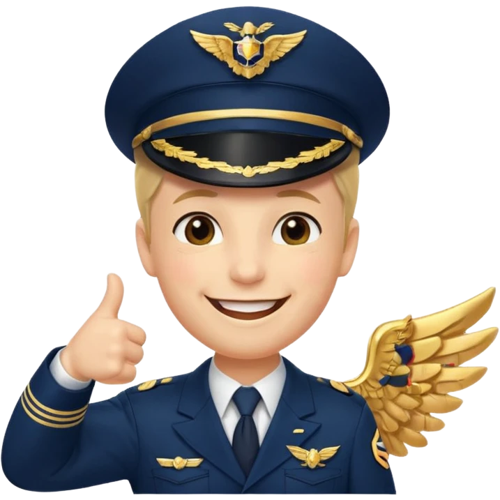Slack-style emoji of a pilot wearing a slightly tilted navy captain hat with gold wings, giving a thumbs-up, big cheerful smile, eyes closed or happy squint emoji