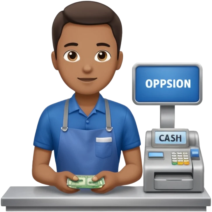 Supermarket employee at a cash register, full body, serving a man emoji