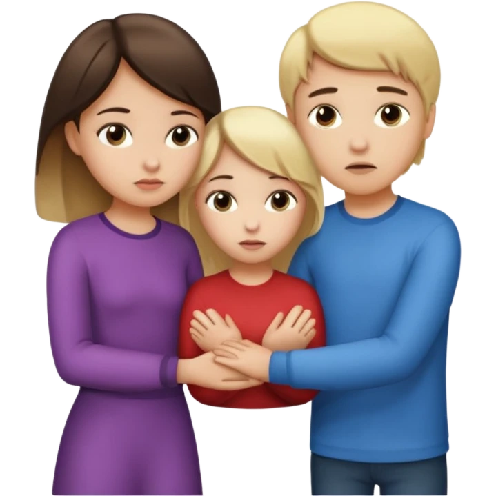  iOS emoji style.
A girl holding hands with two boys at the same time,one boy si brunette the other blonde, one on each side. the brunette one is kised by the girl but the blonde one si holding hand with her
The girl has a suspicious, guilty expression
 smooth gradients, rounded shape emoji