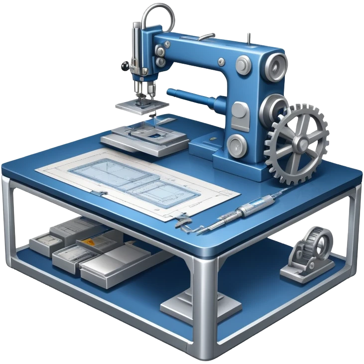 An icon featuring an engineer’s desk with blueprints, a ready machine, and microchips, symbolizing engineering. The design includes gears, tools, and a caliper, representing the design and construction of innovative technologies. Transparent background highlights the precision emoji