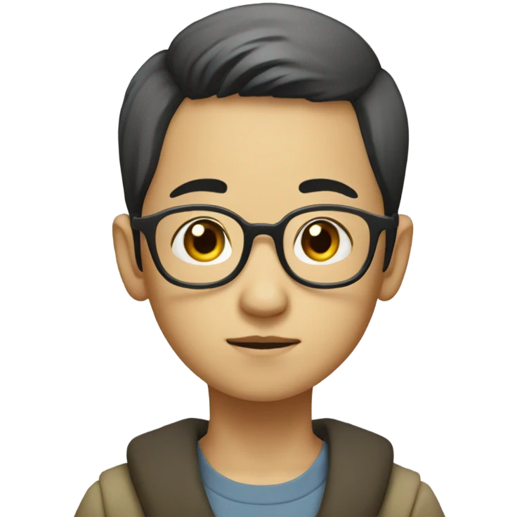 a young bald-headed Asian boy, in glasses, thinking deeply emoji