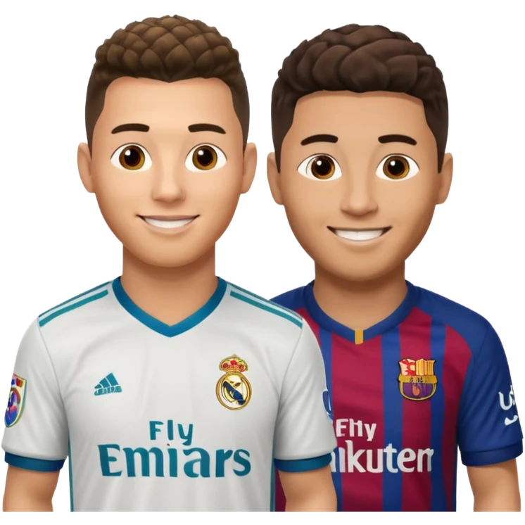 Prime noodle hair ronaldo and prime 2012 messi Smiling in one Photo and make it realistic Ronaldo wearing Number 7 With Madrid and Messi wearing number 10 with barca  emoji
