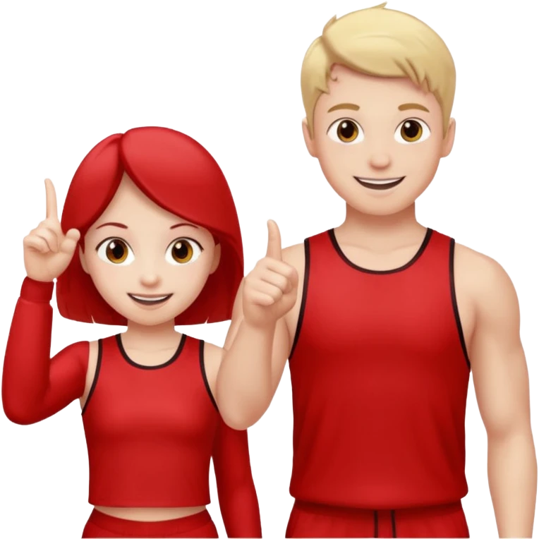 Girl and boy in red gym clothes who points out emoji