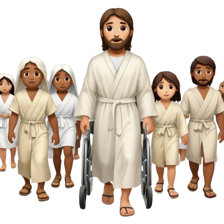 Jesus walking on a busy city street with a multicultural crowd, including people in wheelchairs and with different skin tones emoji