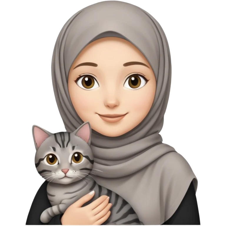 White girl wearing hijab smiling while holding a black grey tabby cat emoji