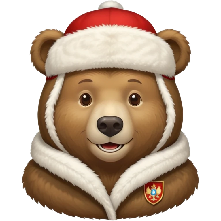 Russian brown bear wearing a white furry ushanka hat with Russian coat of arms emblem in the center, front view, iOS emoji style emoji