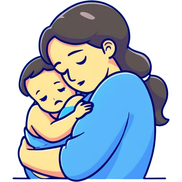 mother hugging a sad child, cartoonish, warm colors emoji