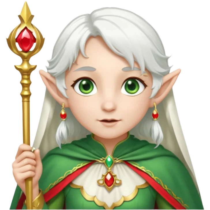 an elf with very white hair and two long PONYTAILS/pigtails on the side of her head, she has a curtain bang, green eyes, she has a white cape with golden borders and a scepter with a red orb, she has earrings that look like red drops emoji