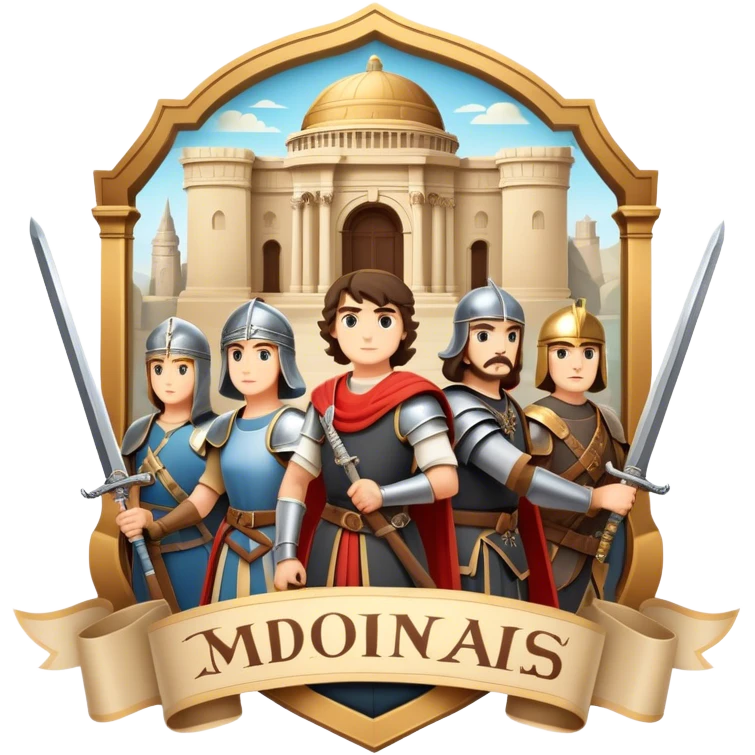 Icon for Historical Movies: A vintage movie poster-style design with elements of ancient architecture, historical figures in period costumes, and a backdrop of a historical event or battle. Include scrolls, swords, and shields. Retro cinematic feel. Transparent background. emoji