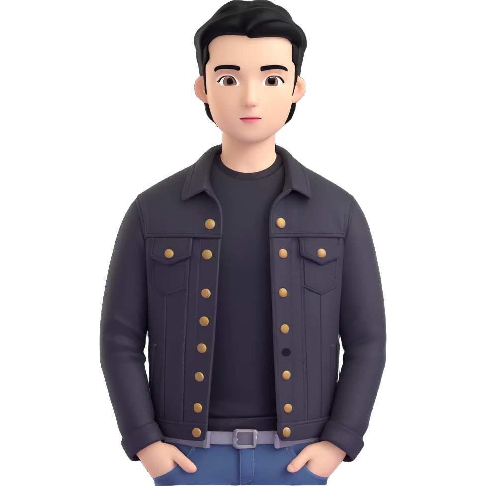 3D emoji Microsoft style, young man with black hair, wearing black t-shirt and black denim jacket, based on photo reference emoji