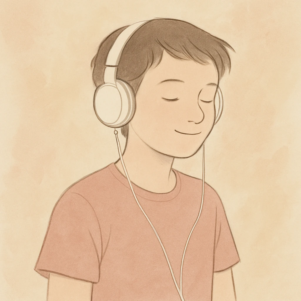 person with short hair and headphones, soft line avatar style, gentle lines and pastel hues emoji