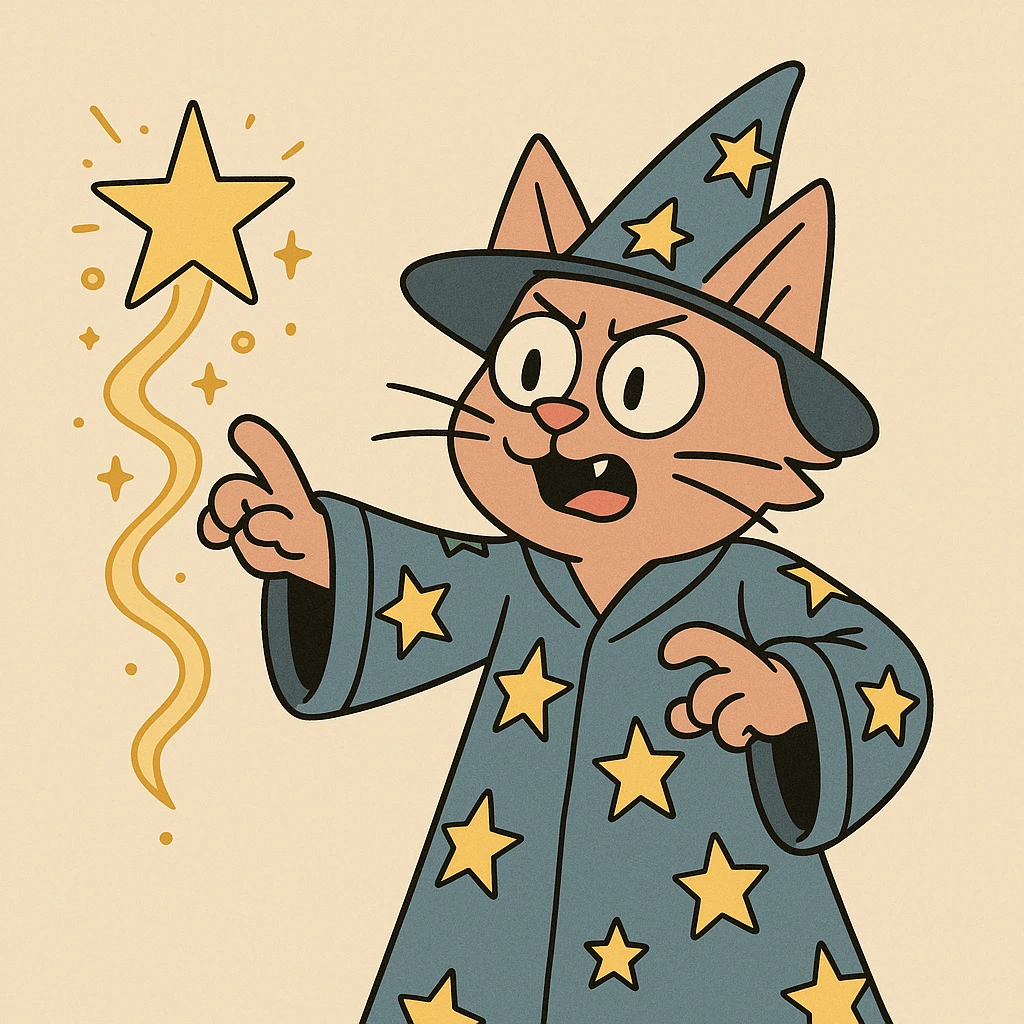 A cat wizard wearing a starry robe casting a spell, cartoon style emoji