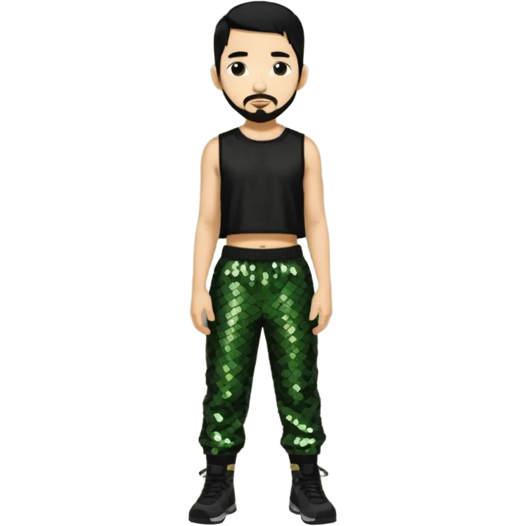 Mike Shinoda with black hair, black sequin crop top, olive sequin baggy pants emoji