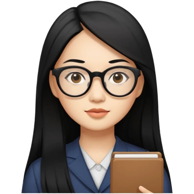 30 yr old asian woman, straight thick long black hair, big black glasses, side part emoji